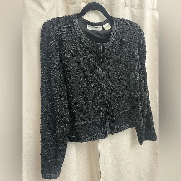 🌹 Vintage 1980s Night Vogue Oversized Black Beaded Textured Evening Jacket EUC