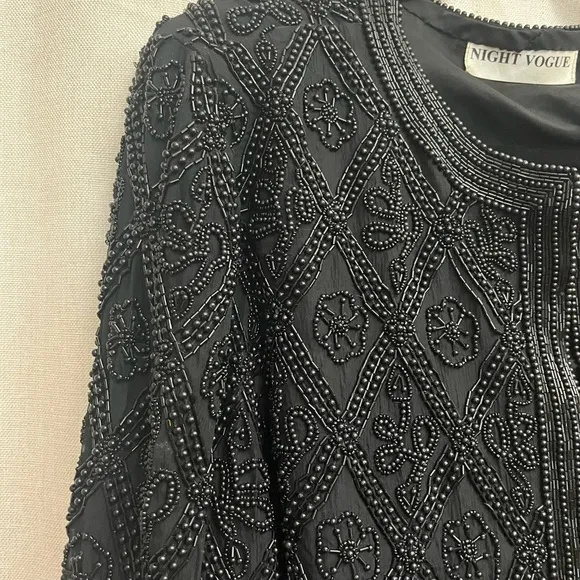 🌹 Vintage 1980s Night Vogue Oversized Black Beaded Textured Evening Jacket EUC