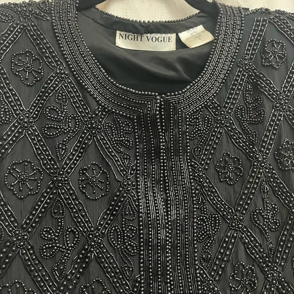 🌹 Vintage 1980s Night Vogue Oversized Black Beaded Textured Evening Jacket EUC