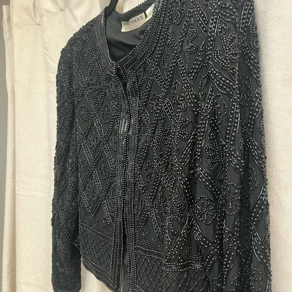 🌹 Vintage 1980s Night Vogue Oversized Black Beaded Textured Evening Jacket EUC