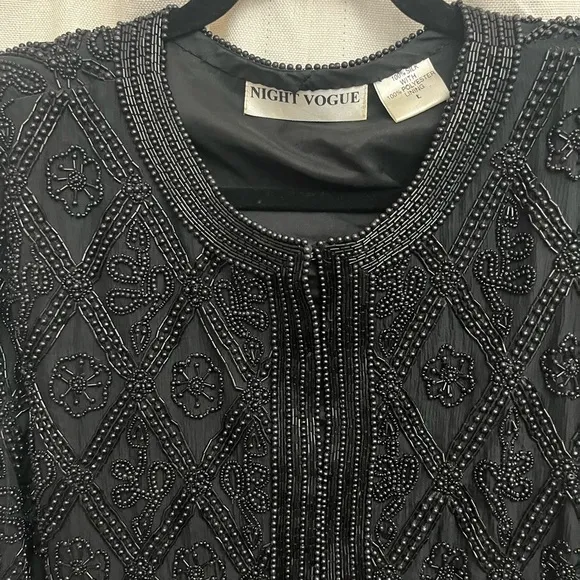 🌹 Vintage 1980s Night Vogue Oversized Black Beaded Textured Evening Jacket EUC