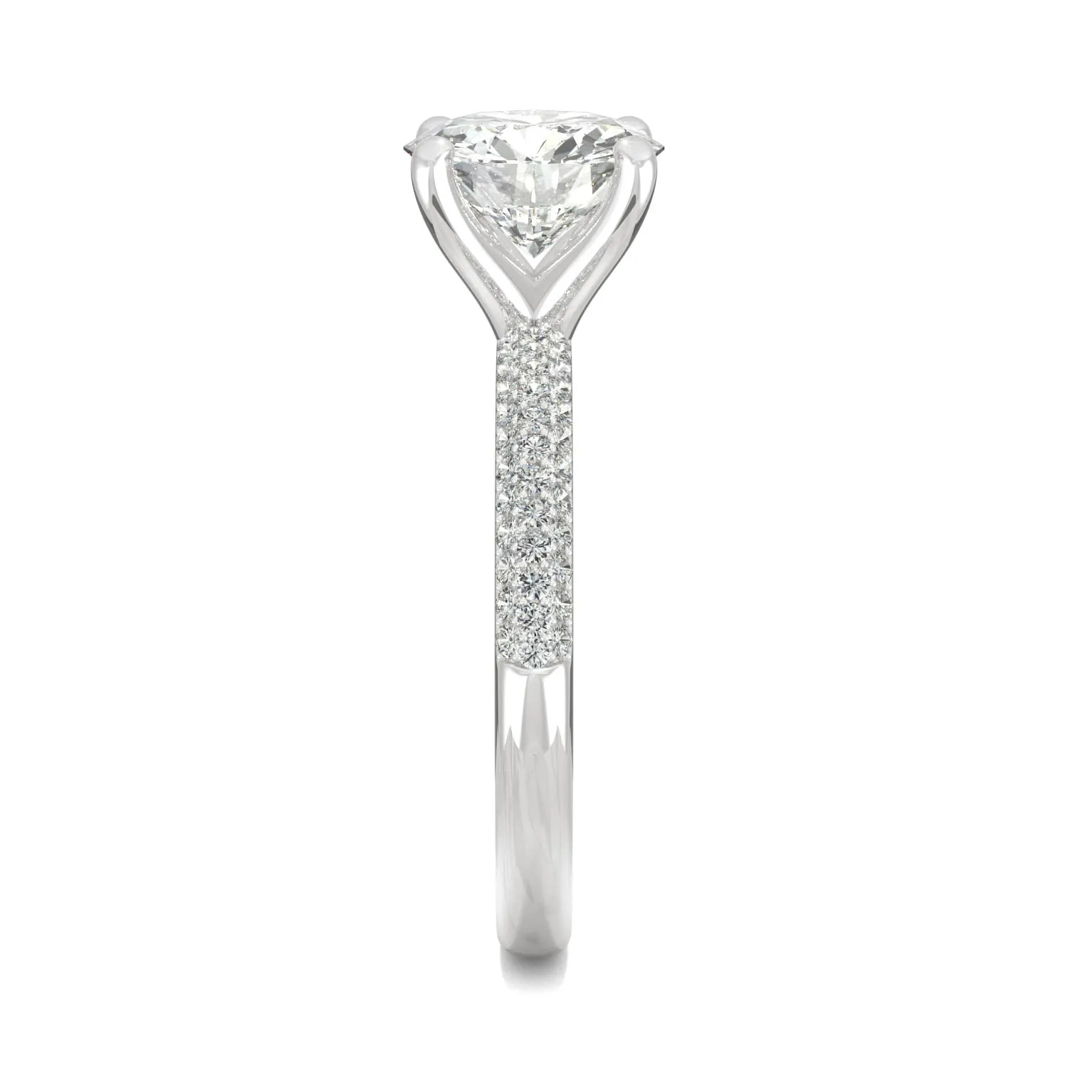 2.11 CTW DEW Round Moissanite Pave Side-Stone Engagement Ring in 14K White Gold