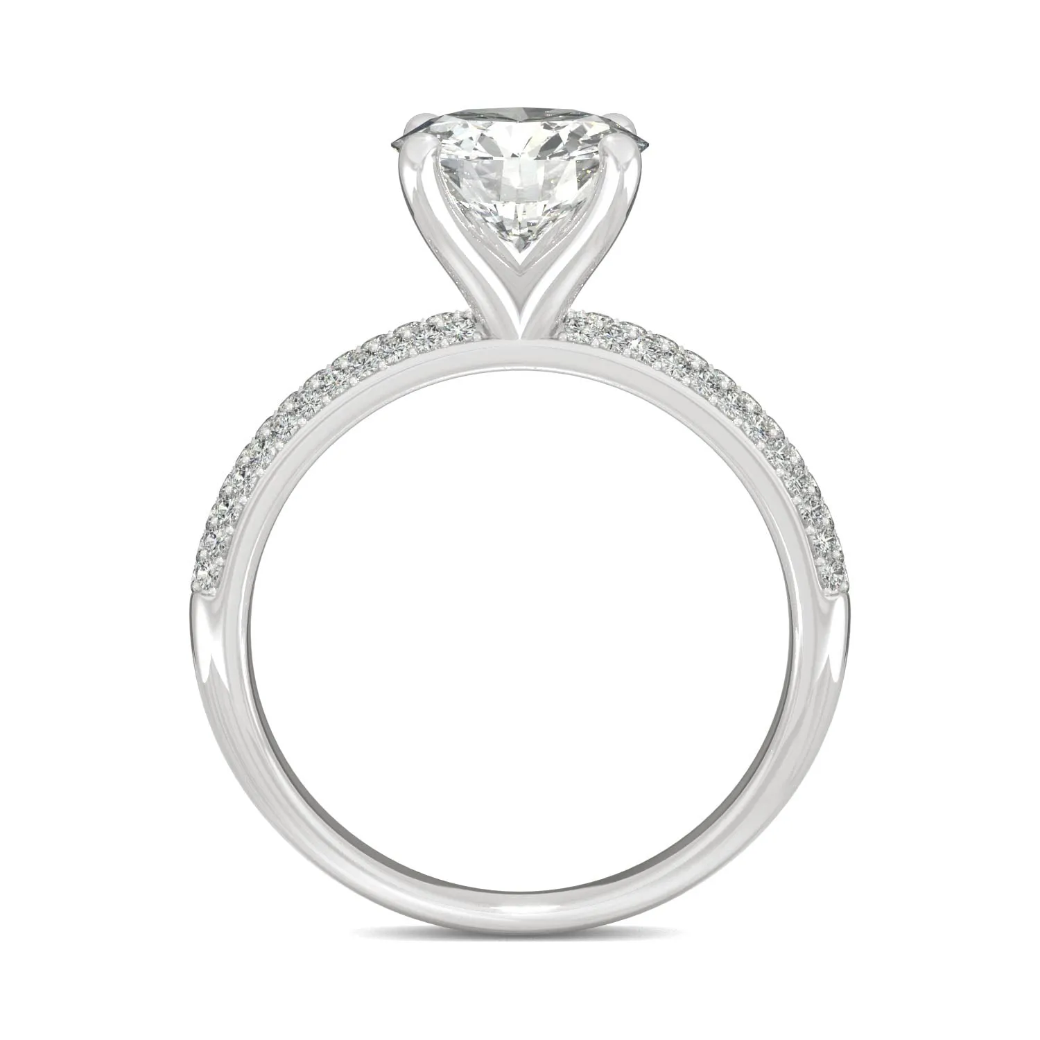 2.11 CTW DEW Round Moissanite Pave Side-Stone Engagement Ring in 14K White Gold