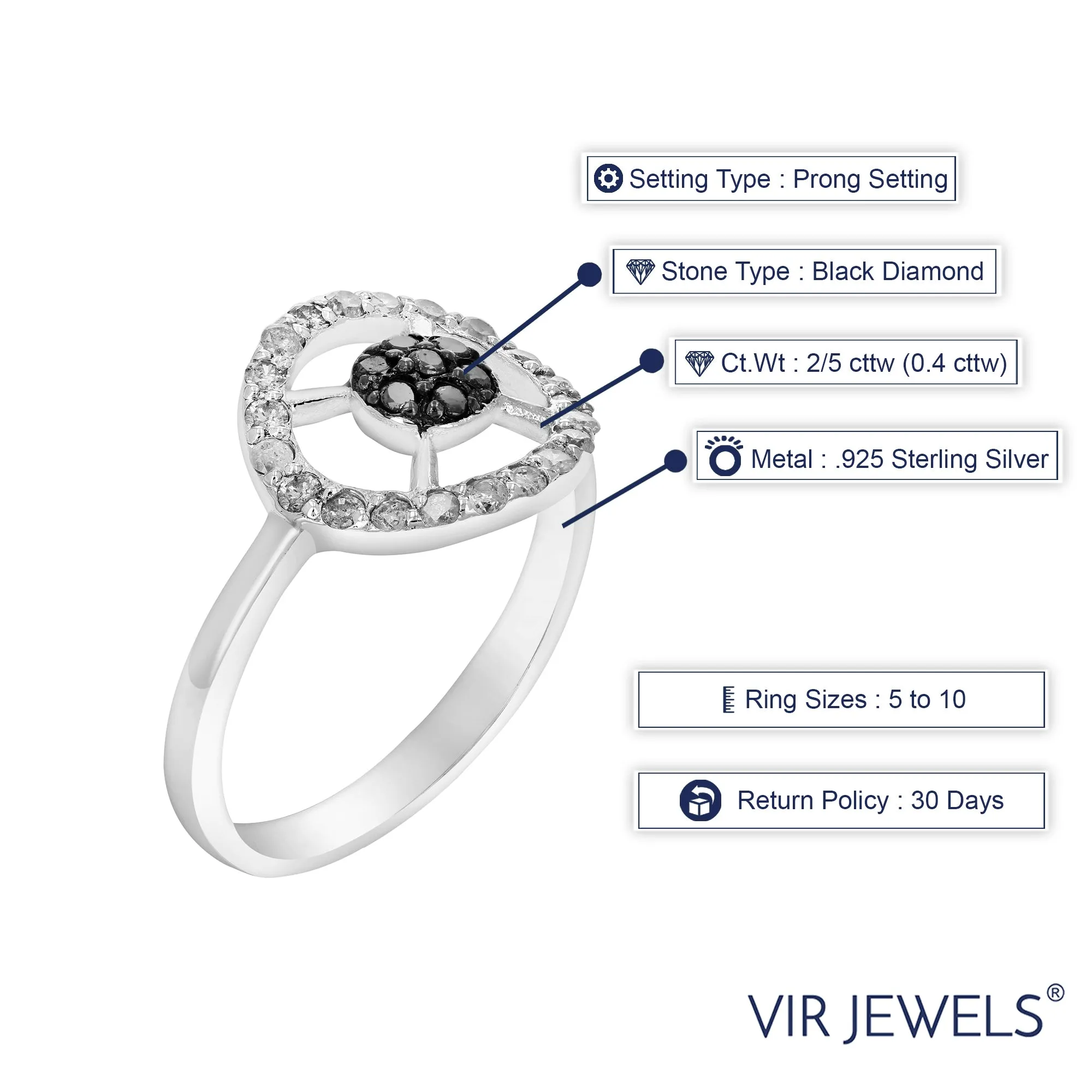 2/5 cttw Black and White Diamond Statement Ring in Sterling Silver