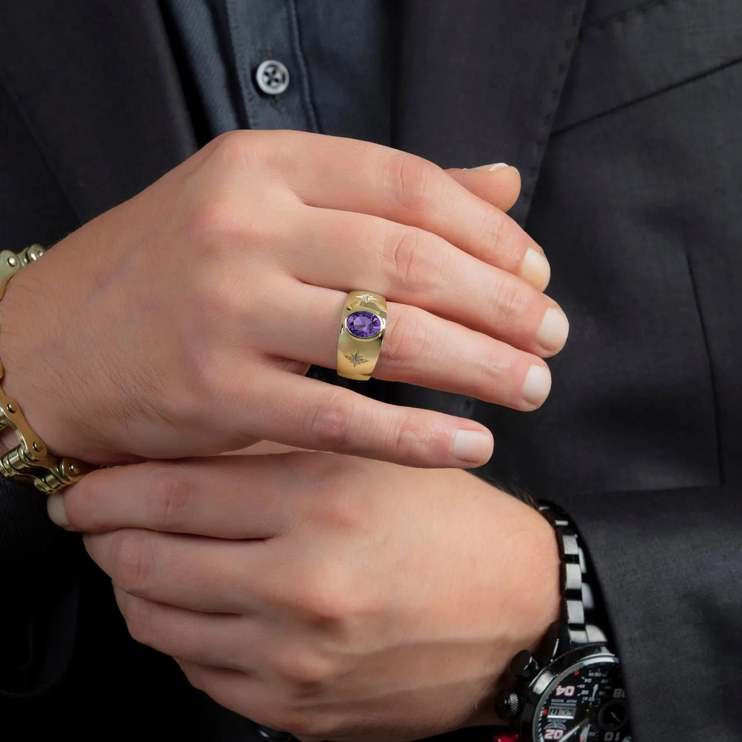 Amethyst Gemstone Ring for Man in 14K Yellow Gold with 0.06ct Diamonds Stylish Gift for Him