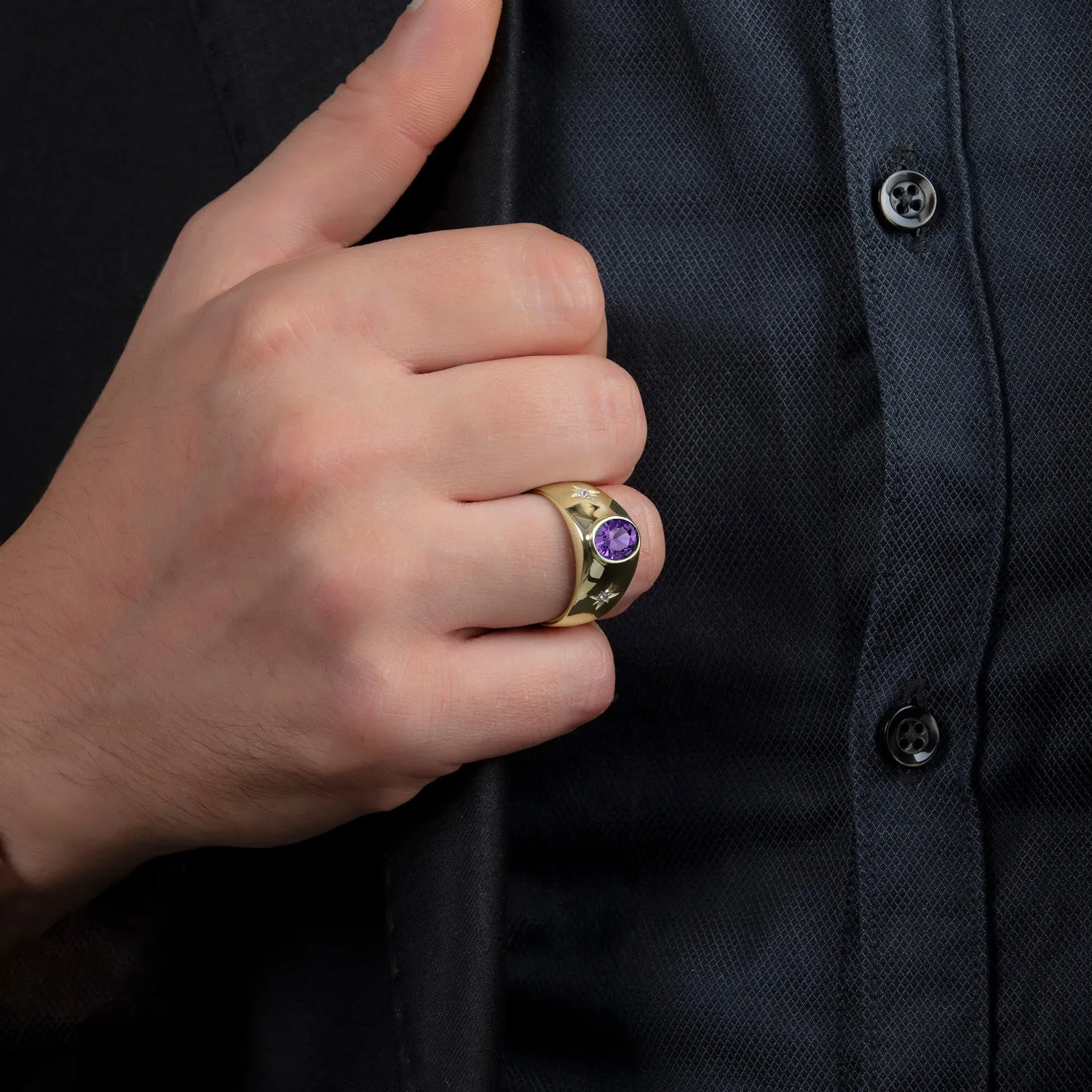 Amethyst Gemstone Ring for Man in 14K Yellow Gold with 0.06ct Diamonds Stylish Gift for Him