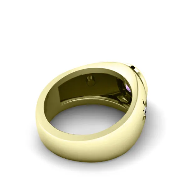 Amethyst Gemstone Ring for Man in 14K Yellow Gold with 0.06ct Diamonds Stylish Gift for Him