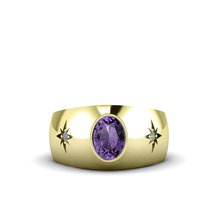Amethyst Gemstone Ring for Man in 14K Yellow Gold with 0.06ct Diamonds Stylish Gift for Him