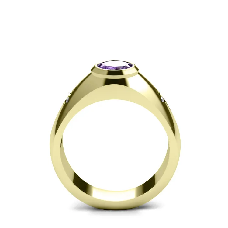 Amethyst Gemstone Ring for Man in 14K Yellow Gold with 0.06ct Diamonds Stylish Gift for Him