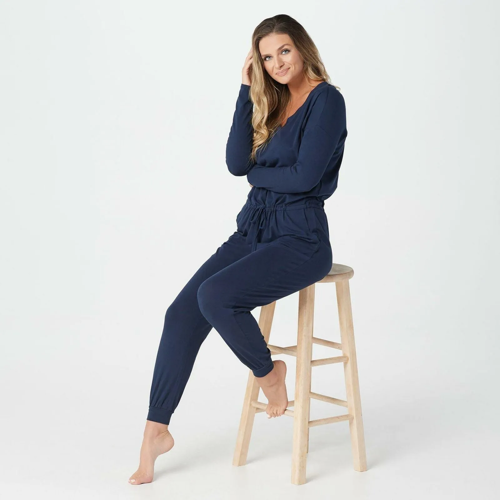 AnyBody Cozy Knit Long Sleeve Jumpsuit Navy Small