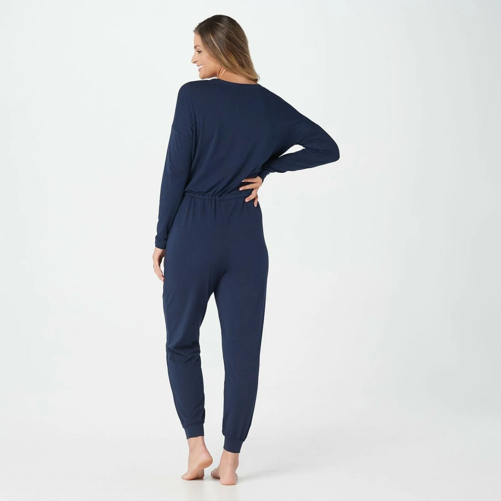 AnyBody Cozy Knit Long Sleeve Jumpsuit Navy Small