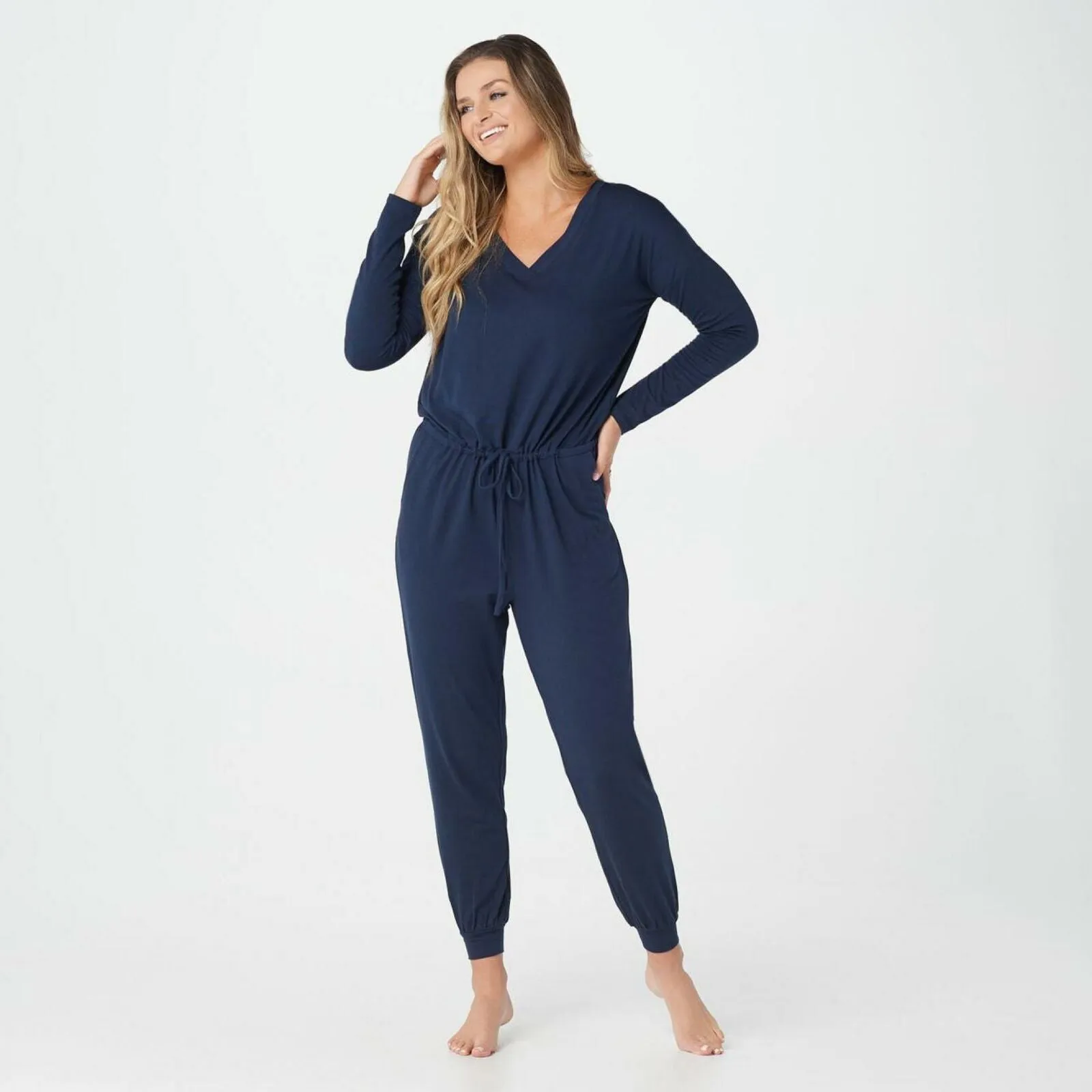 AnyBody Cozy Knit Long Sleeve Jumpsuit Navy Small