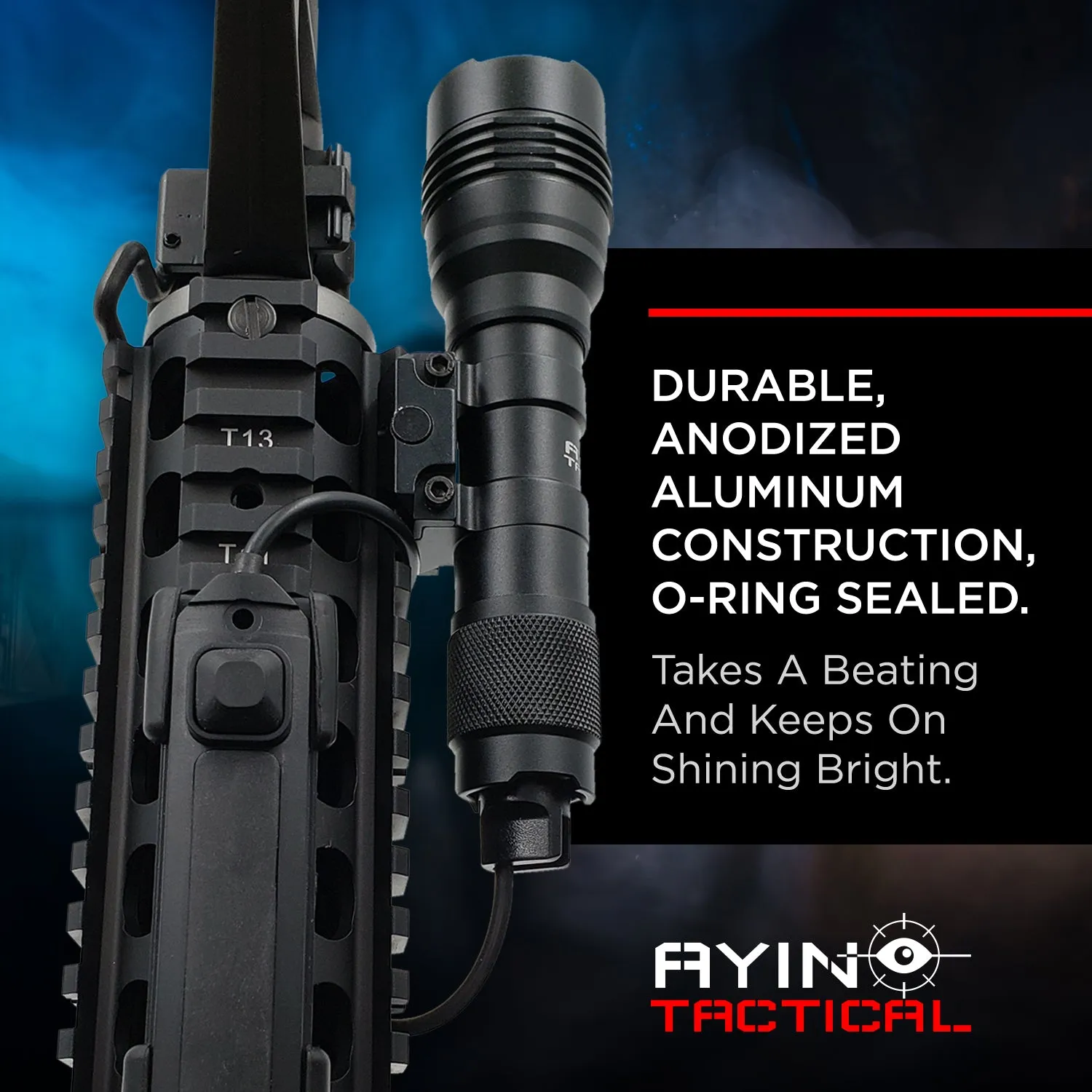 AYIN Tactical Storm 1200 Lumen Long Gun Light, Rechargeable, Dual Fuel, Rail Mount, Remote Switch, Mounting Hardware, 18650 Battery, Charger, Color Black Retail Packaging / Gift Box