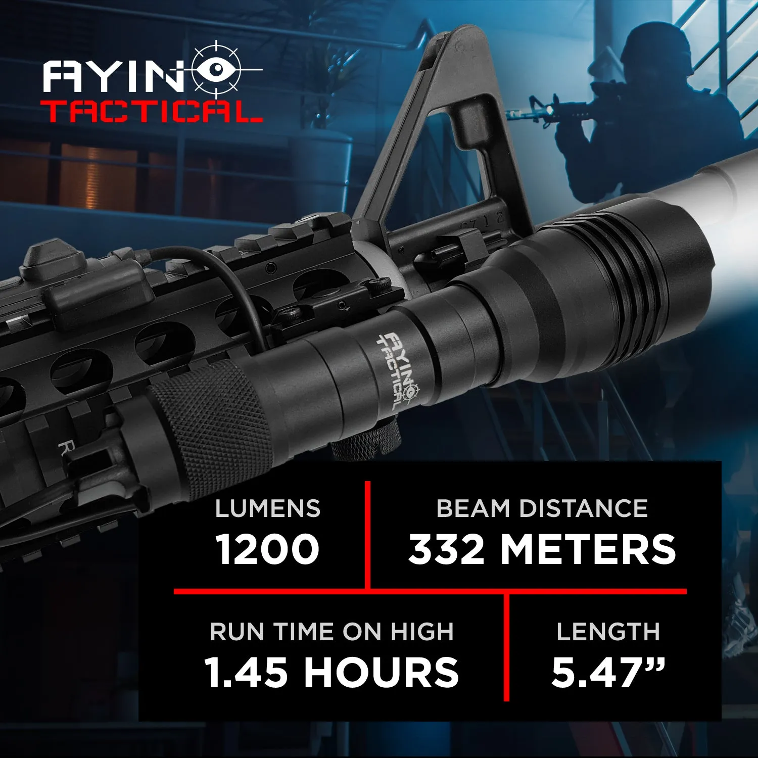 AYIN Tactical Storm 1200 Lumen Long Gun Light, Rechargeable, Dual Fuel, Rail Mount, Remote Switch, Mounting Hardware, 18650 Battery, Charger, Color Black Retail Packaging / Gift Box