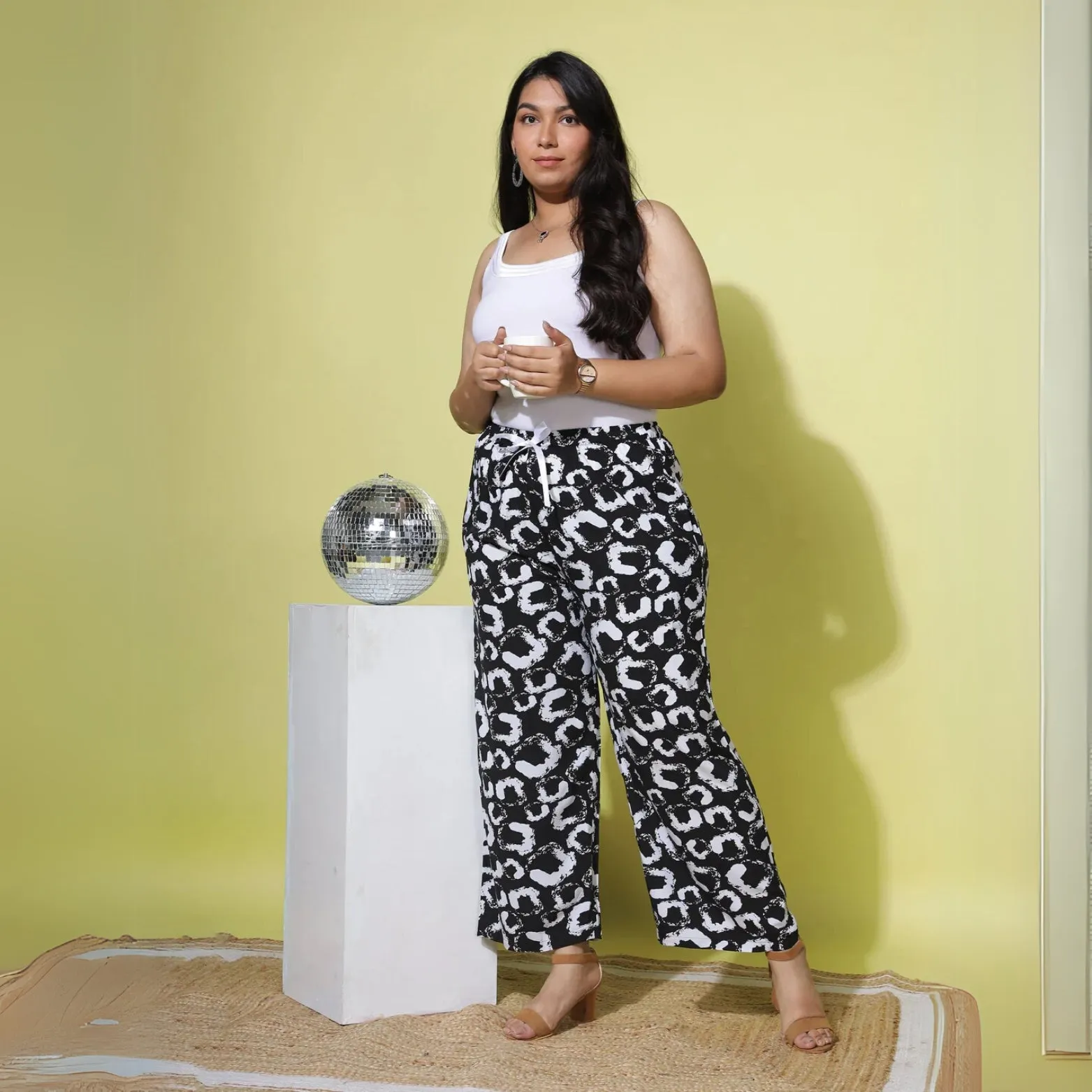 Black and White Palazzo Pants for Women with Elegant Abstract Prints