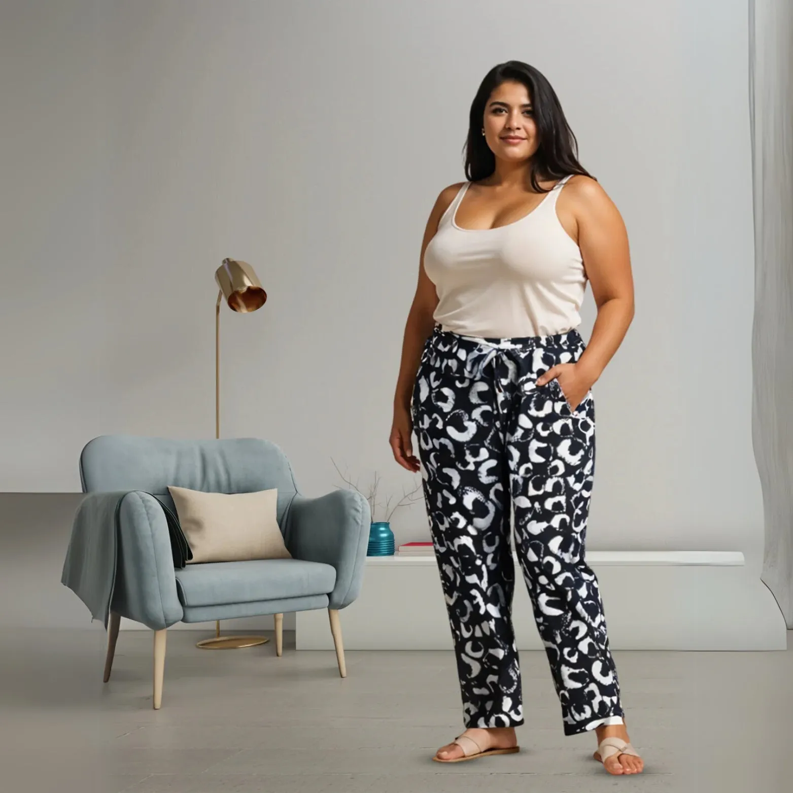 Black and White Palazzo Pants for Women with Elegant Abstract Prints