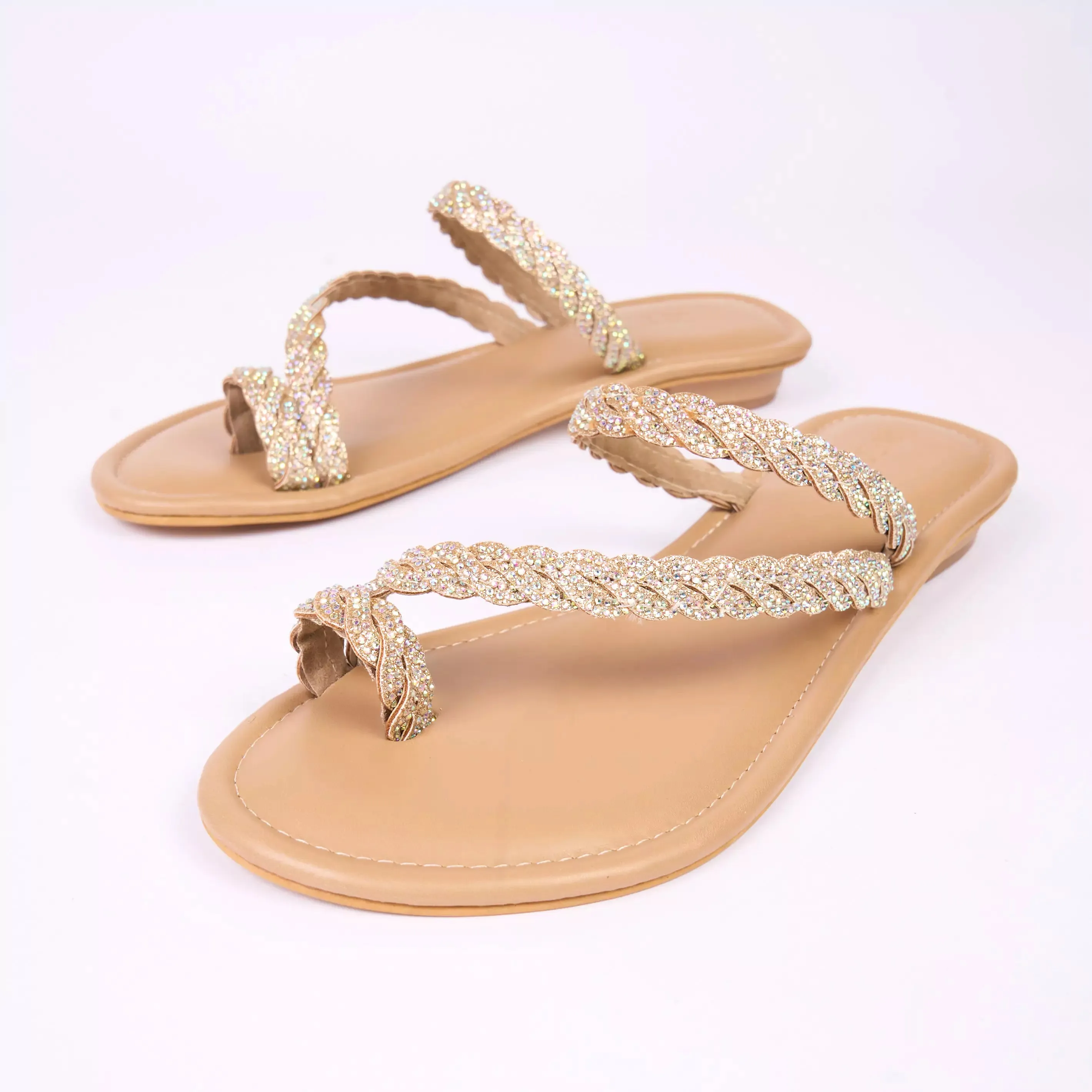 BLINGY Beige Strappy Shimmery Slides