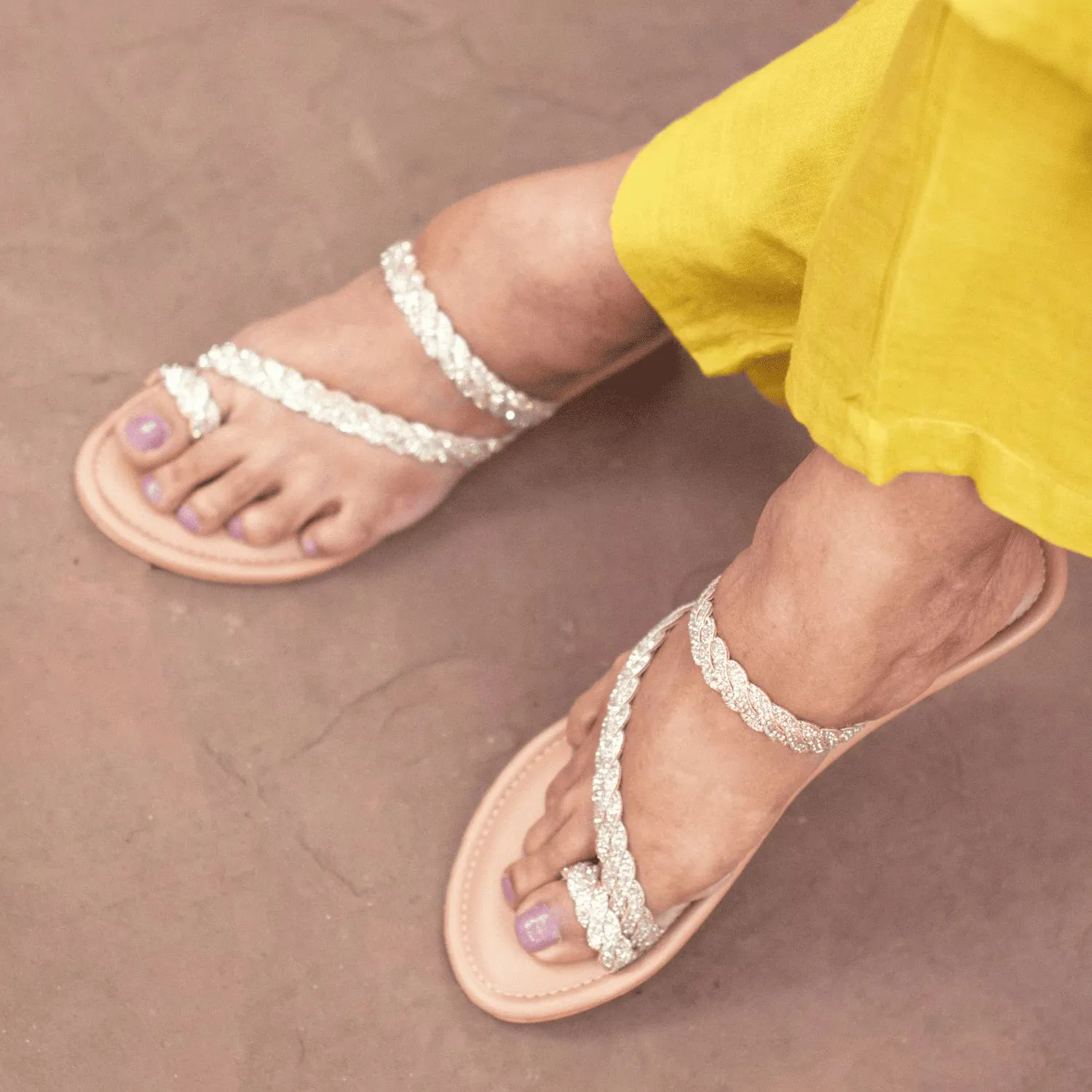BLINGY Beige Strappy Shimmery Slides
