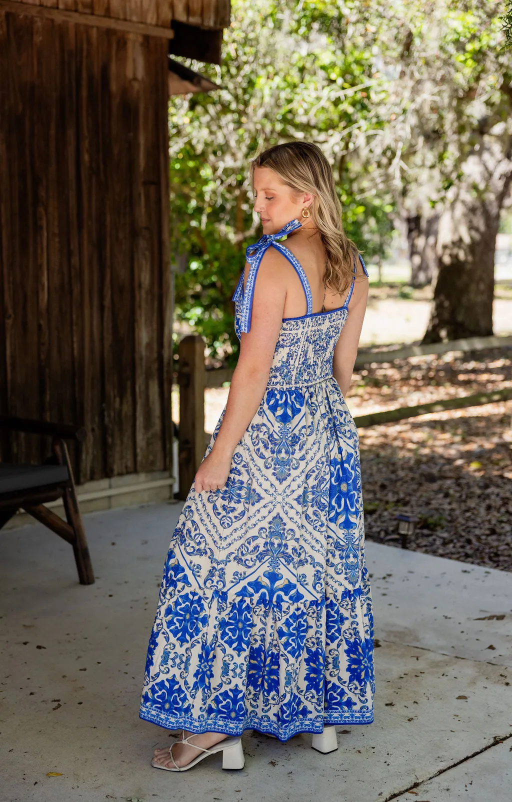 Blue Print Tie Shoulder Dress