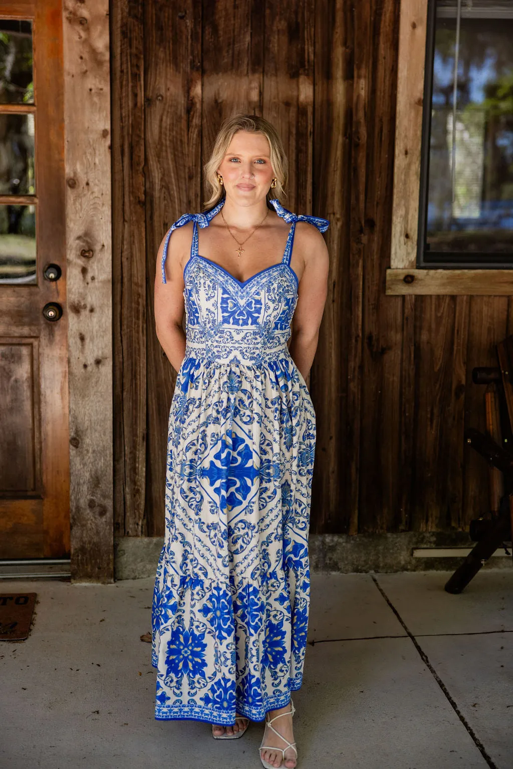 Blue Print Tie Shoulder Dress
