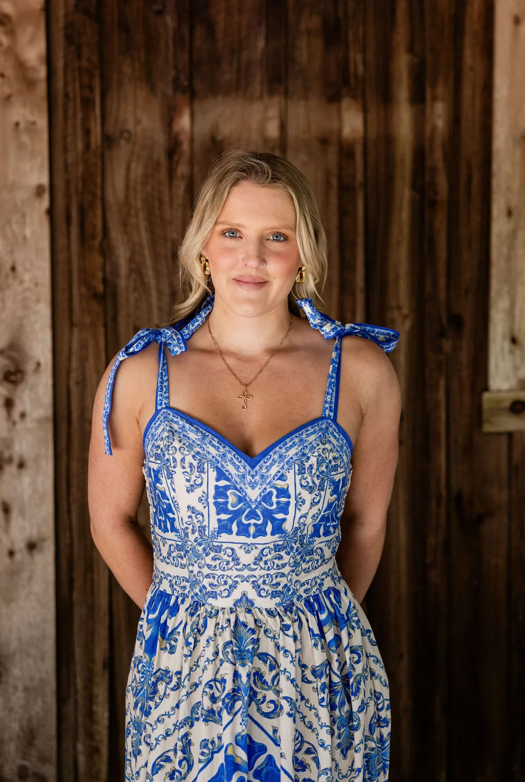 Blue Print Tie Shoulder Dress