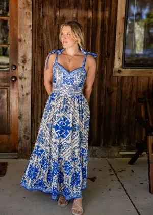 Blue Print Tie Shoulder Dress