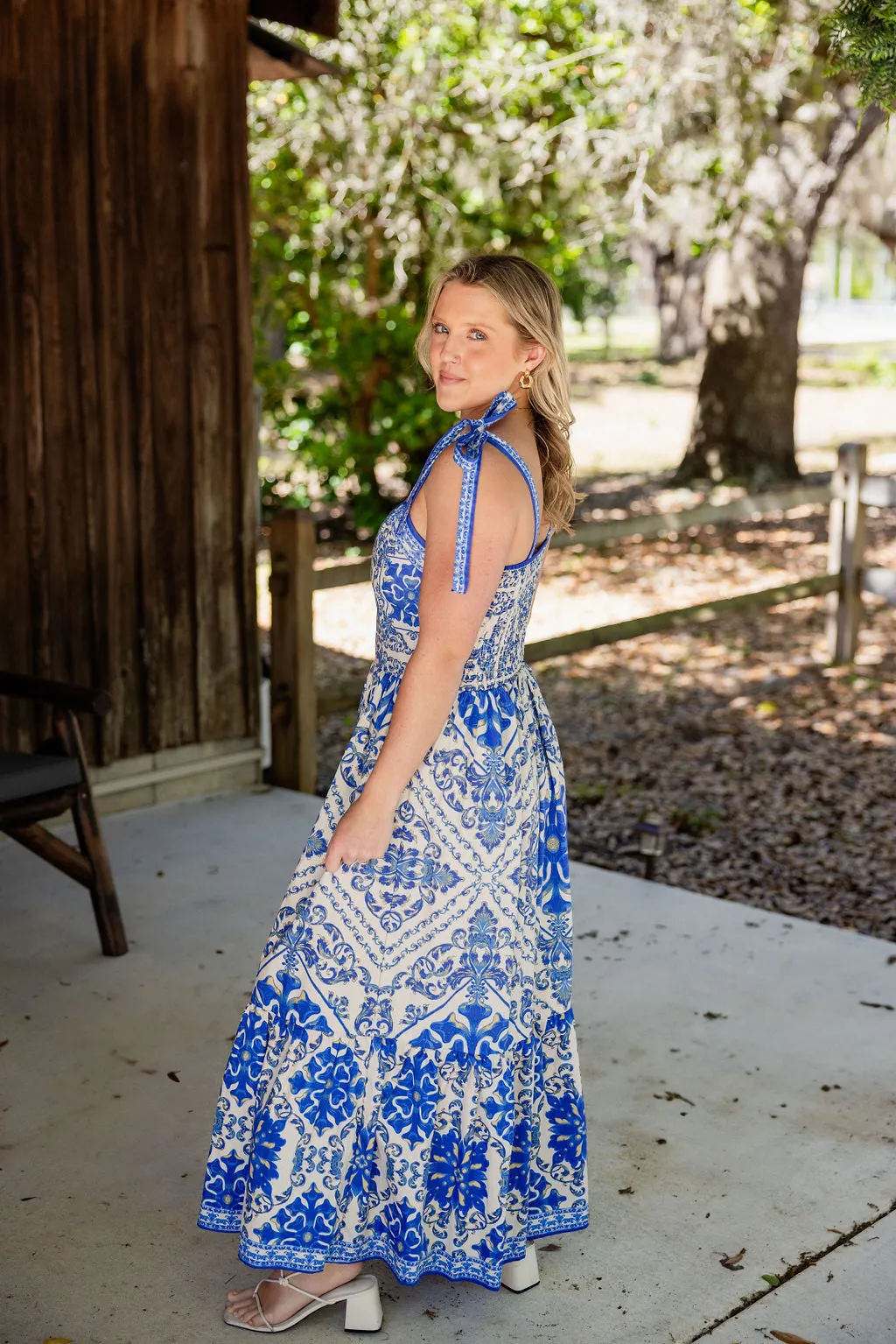 Blue Print Tie Shoulder Dress