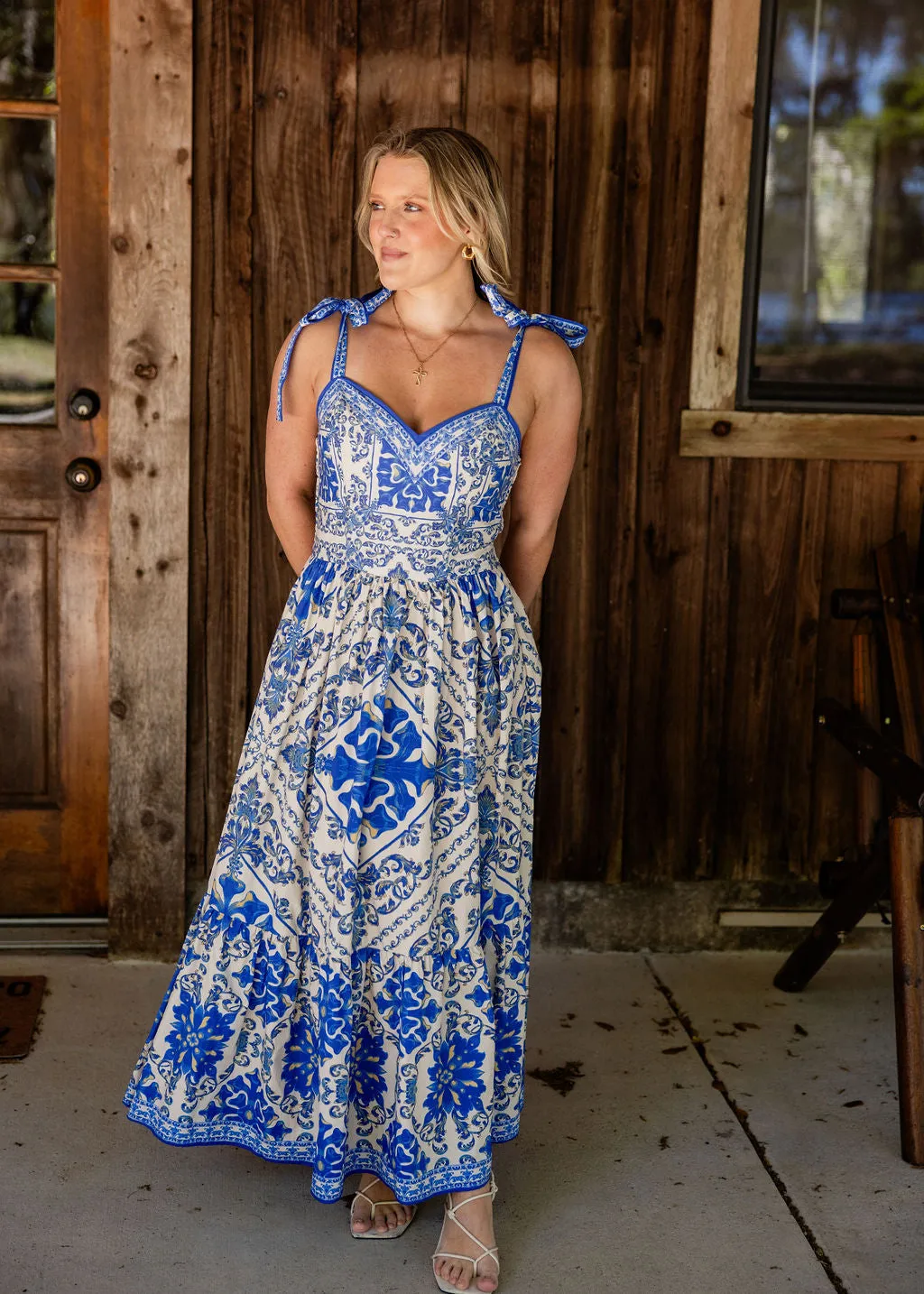 Blue Print Tie Shoulder Dress