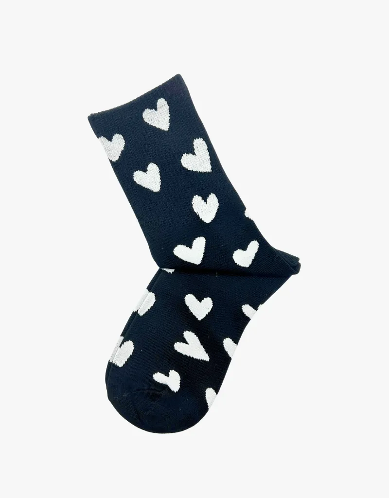 Branded Socks in Black w/ Large White Hearts