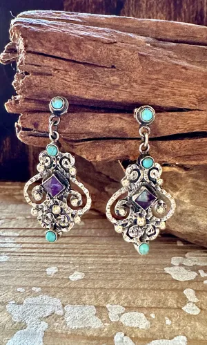CHIC CHANDELIER Amethyst and Turquoise Sterling Silver Earrings • 14g