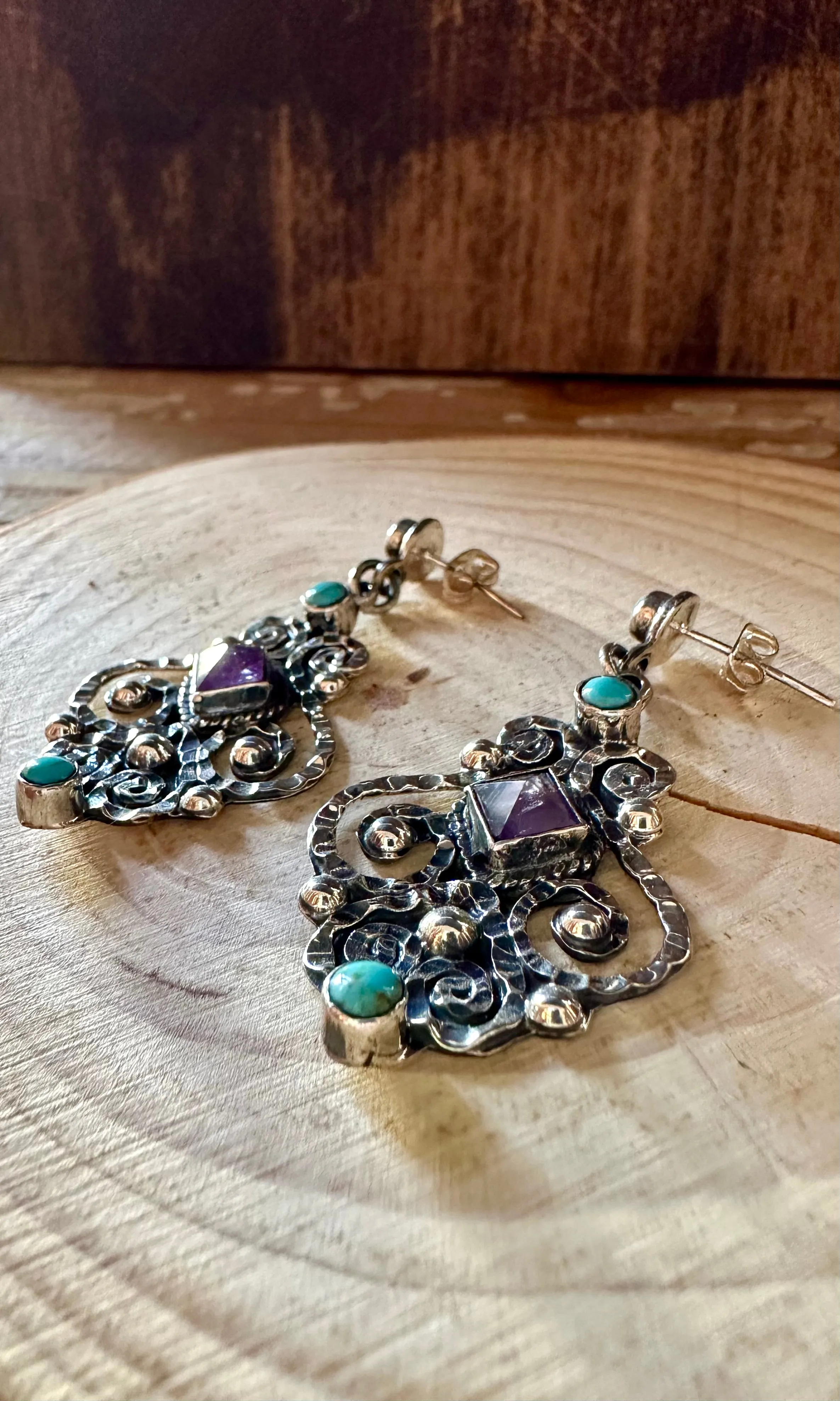 CHIC CHANDELIER Amethyst and Turquoise Sterling Silver Earrings • 14g
