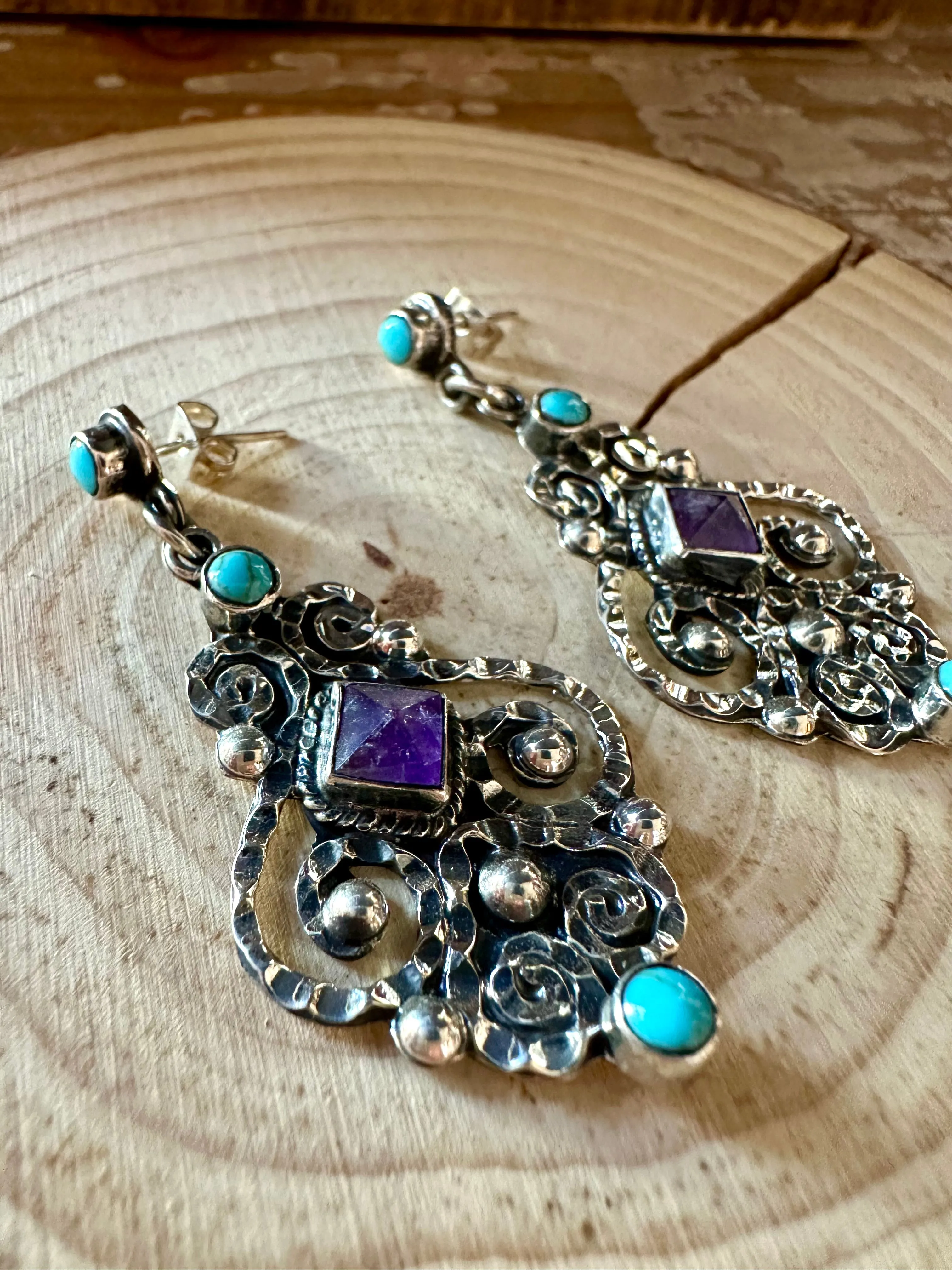 CHIC CHANDELIER Amethyst and Turquoise Sterling Silver Earrings • 14g