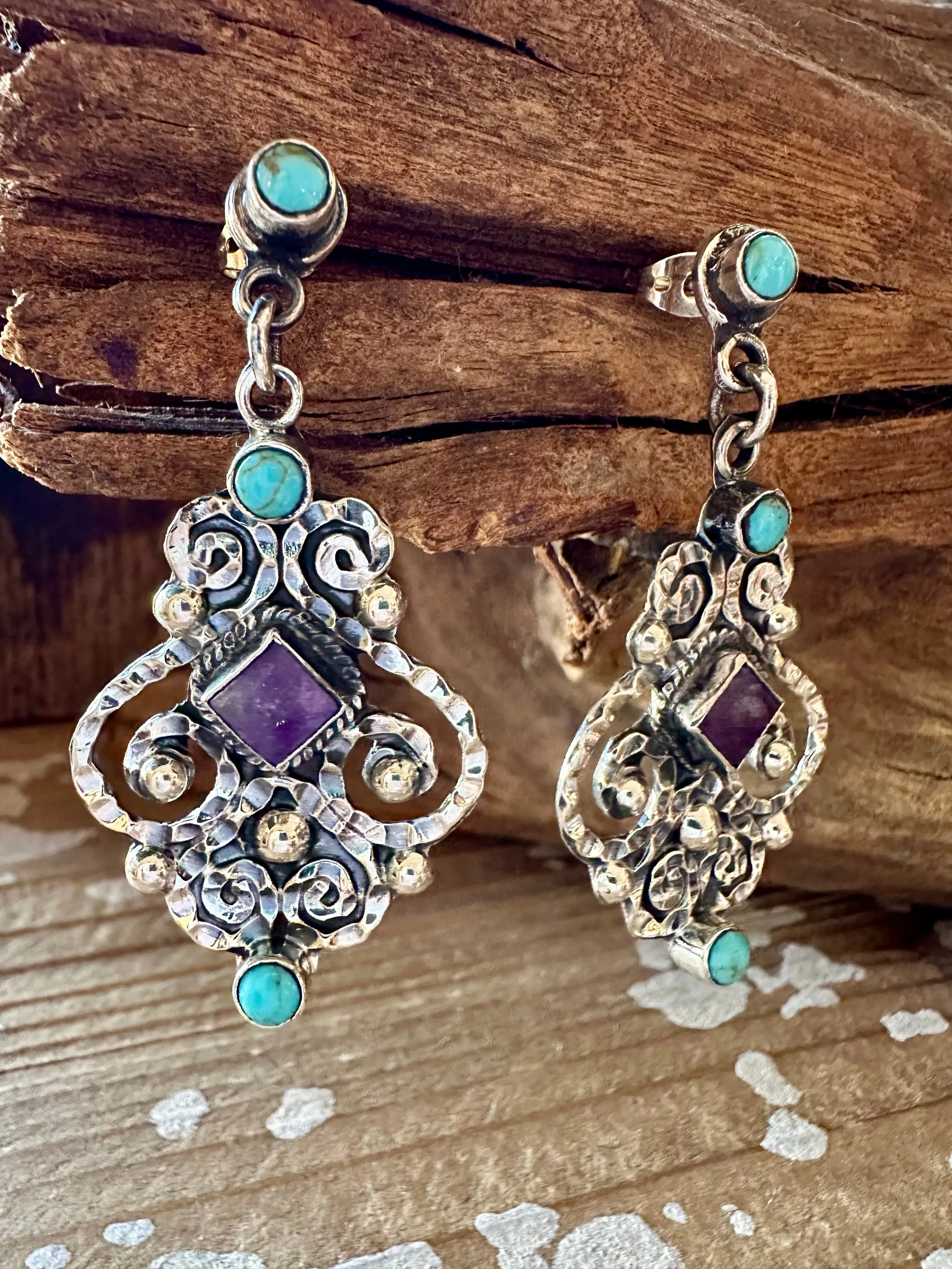 CHIC CHANDELIER Amethyst and Turquoise Sterling Silver Earrings • 14g