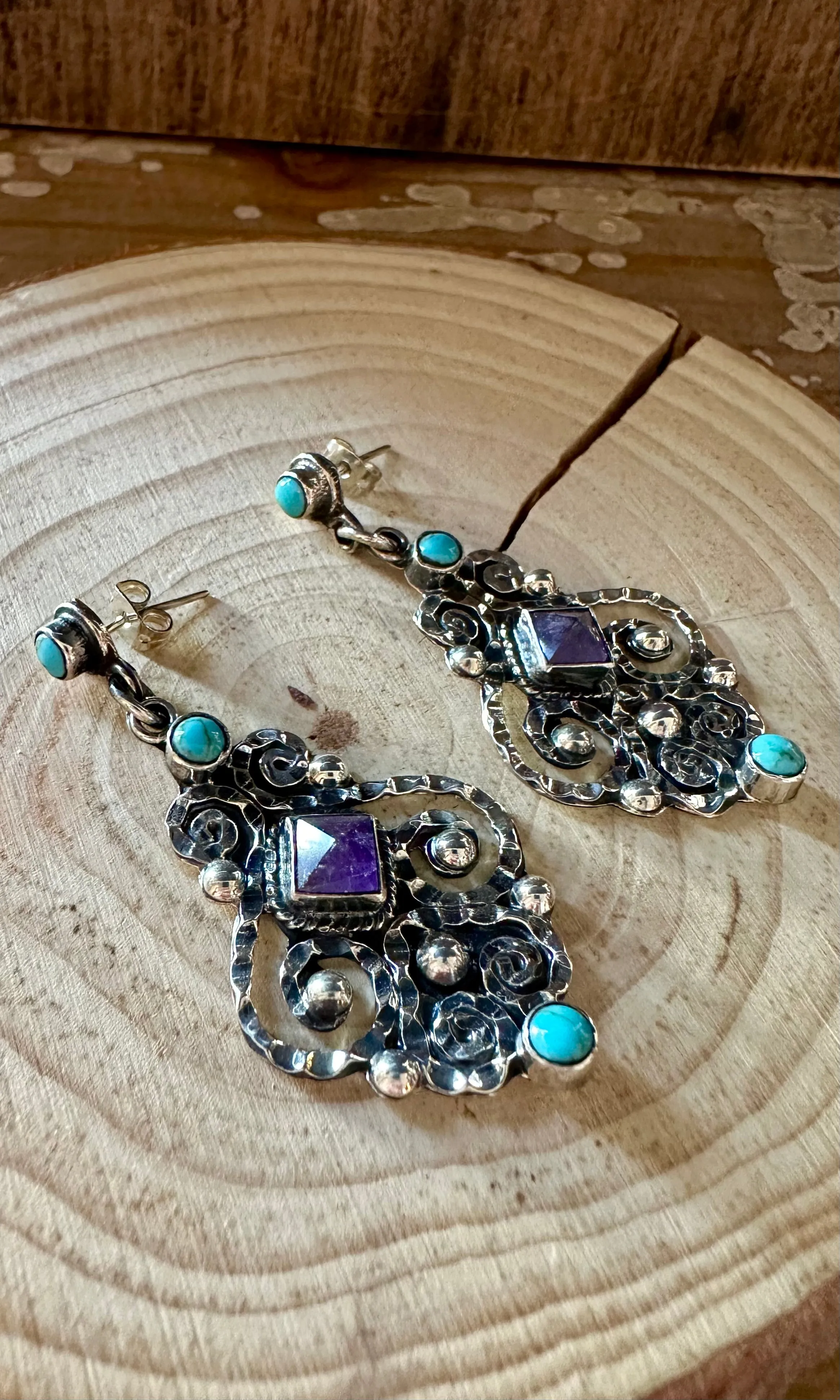 CHIC CHANDELIER Amethyst and Turquoise Sterling Silver Earrings • 14g