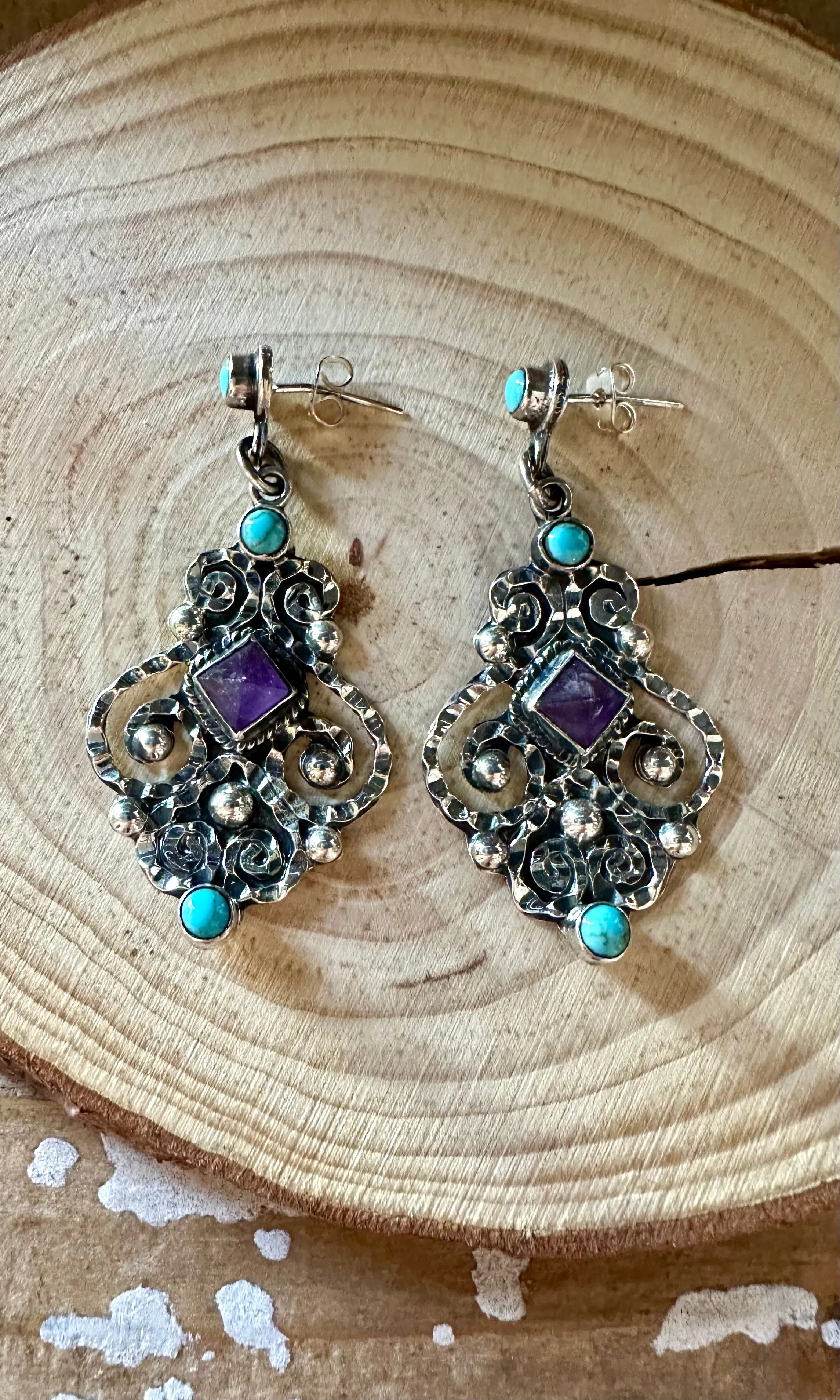 CHIC CHANDELIER Amethyst and Turquoise Sterling Silver Earrings • 14g