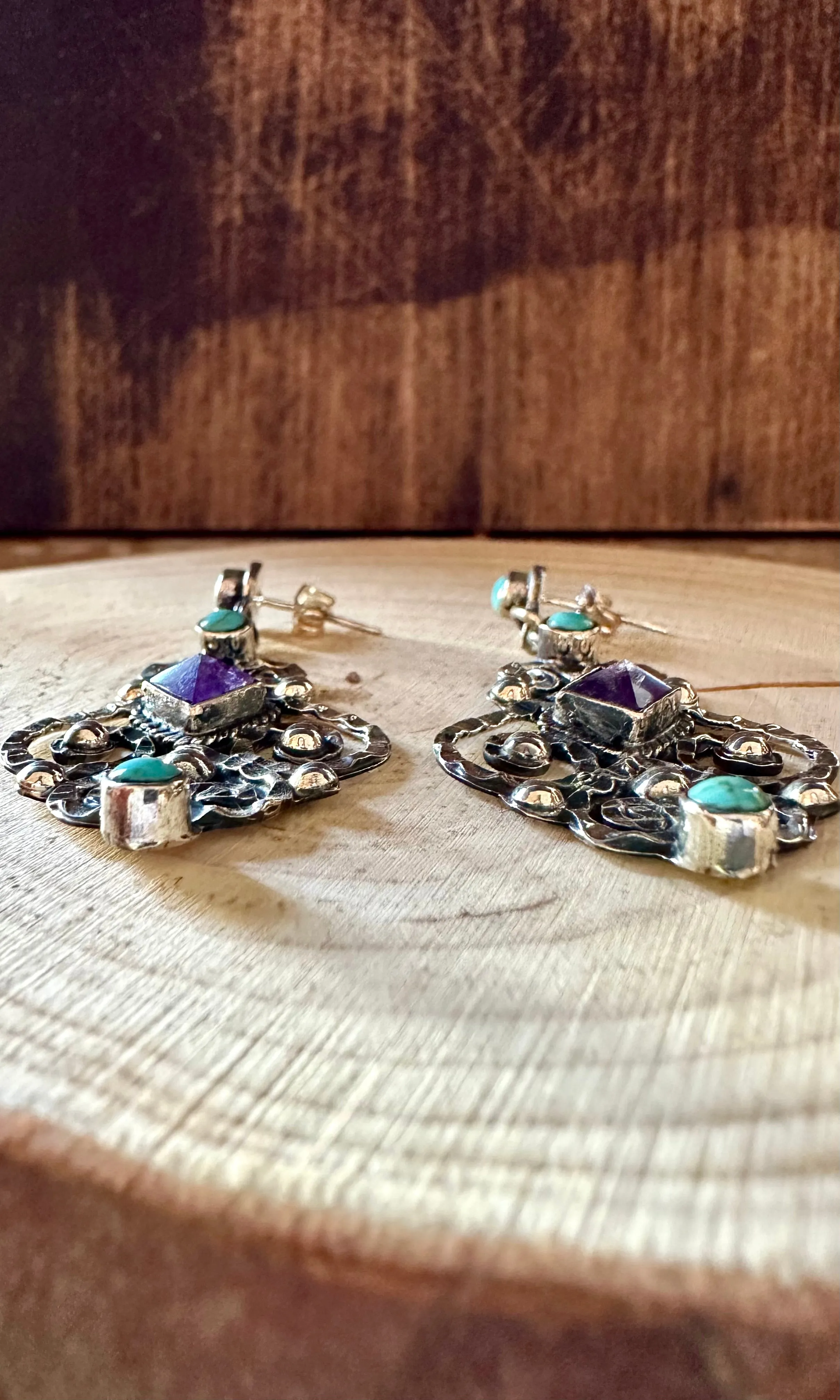 CHIC CHANDELIER Amethyst and Turquoise Sterling Silver Earrings • 14g