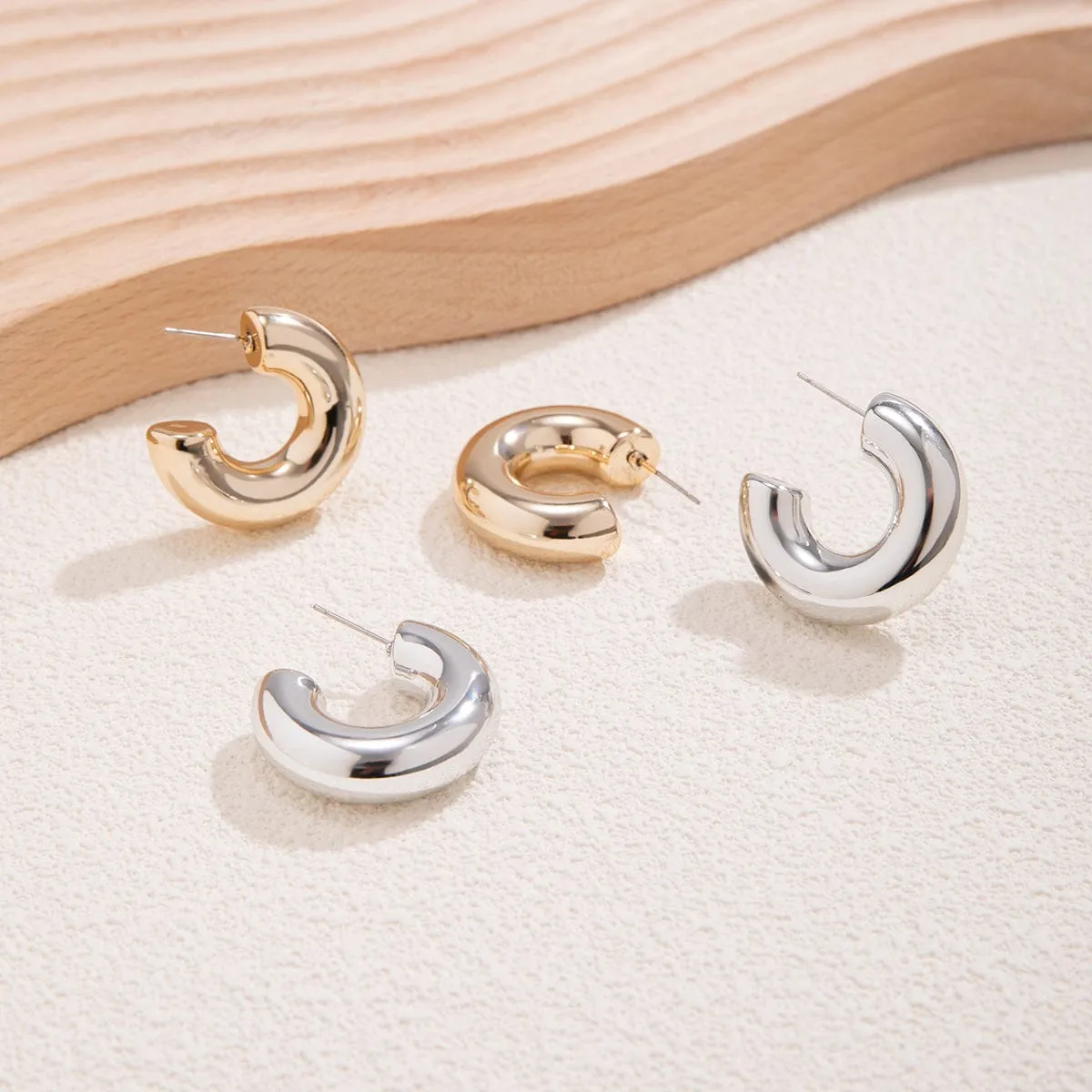 Chic Gold Silver Plated C Shaped Stud Earrings Set