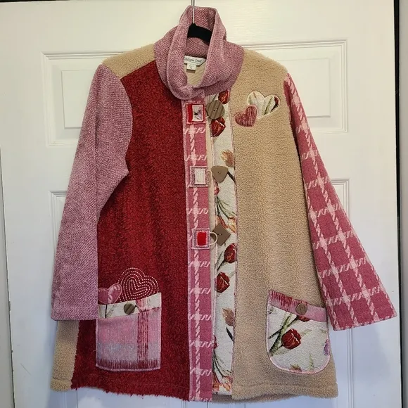 COLDWATER CREEK Patchwork Hearts Soft Artists Wonder Jacket PM
