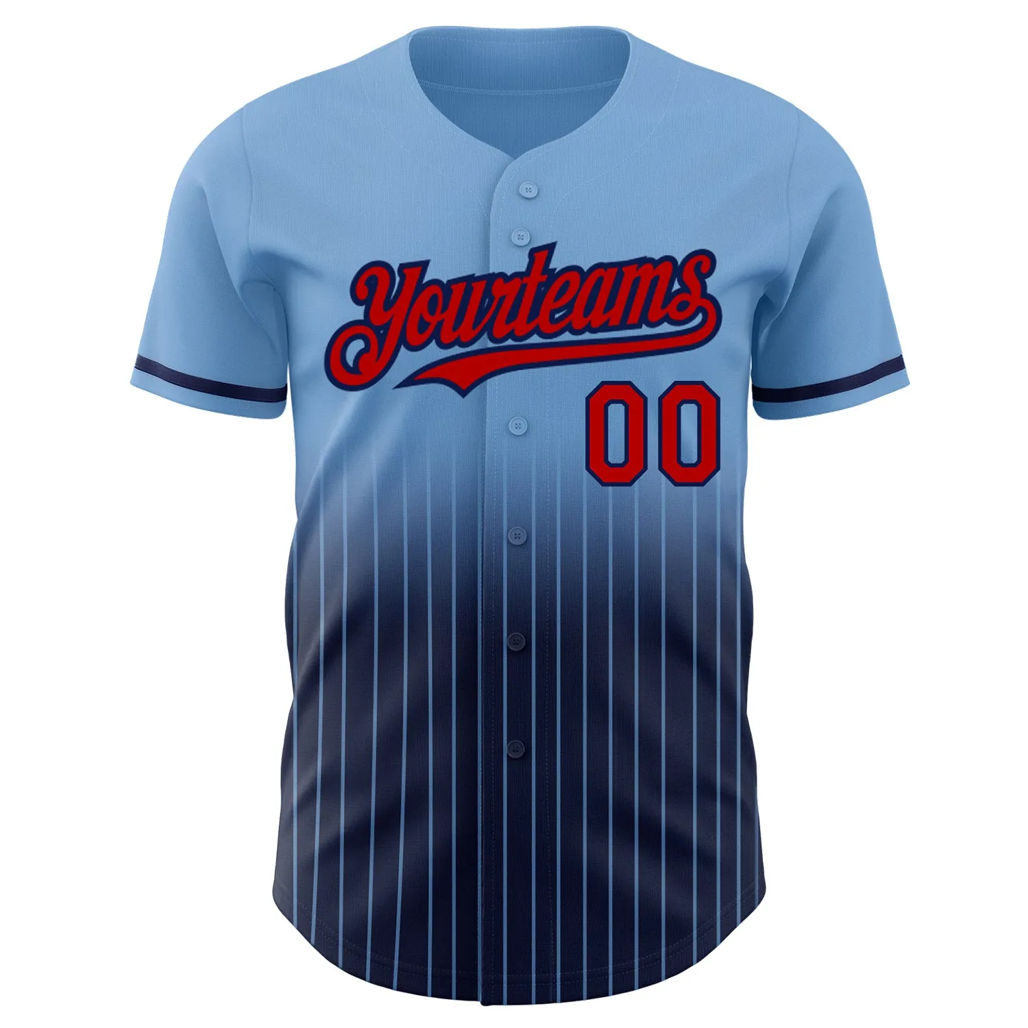 Custom Light Blue Pinstripe Red-Navy Authentic Fade Fashion Baseball Jersey