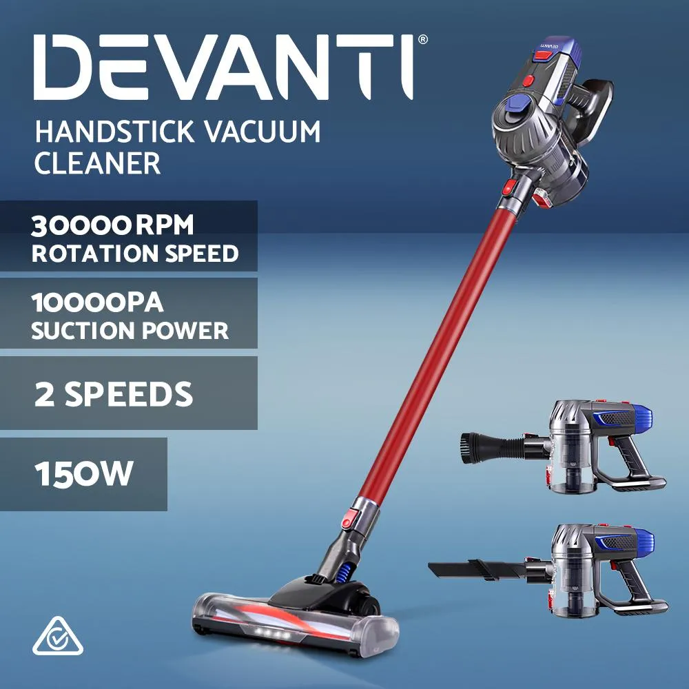 Devanti Handheld Vacuum Cleaner Cordless Stick Handstick Vac Bagless 2-Speed Headlightred