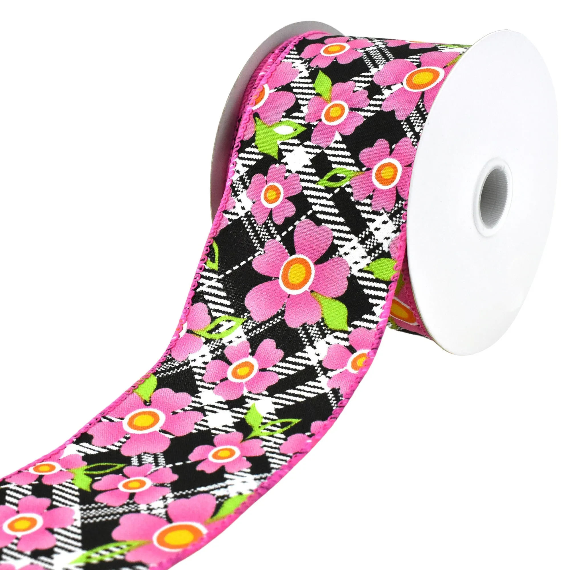 Diagonal Plaid and Flowers Wired Ribbon, 10-yard