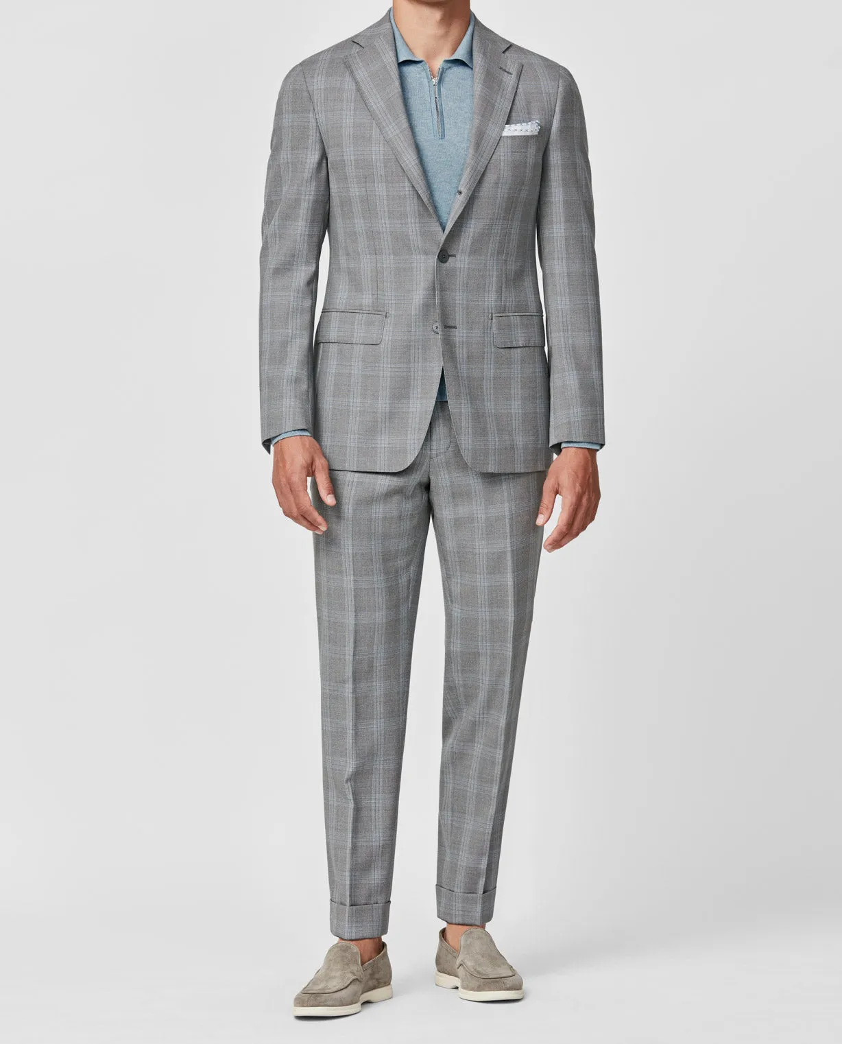Drago Light Grey S130 Wool Basketweave with Light Blue Overcheck