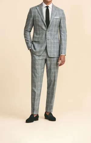 Drago Light Grey S130 Wool Basketweave with Light Blue Overcheck