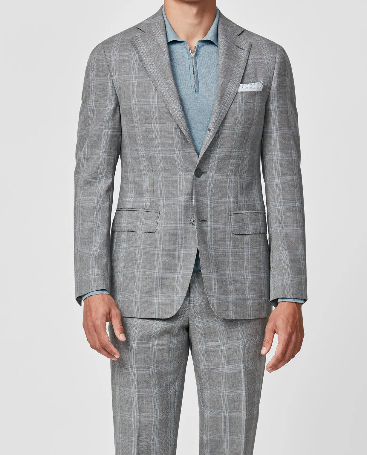 Drago Light Grey S130 Wool Basketweave with Light Blue Overcheck