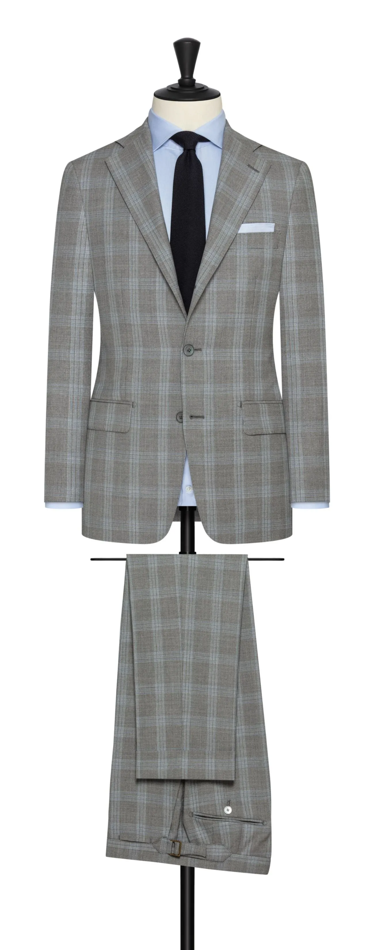 Drago Light Grey S130 Wool Basketweave with Light Blue Overcheck