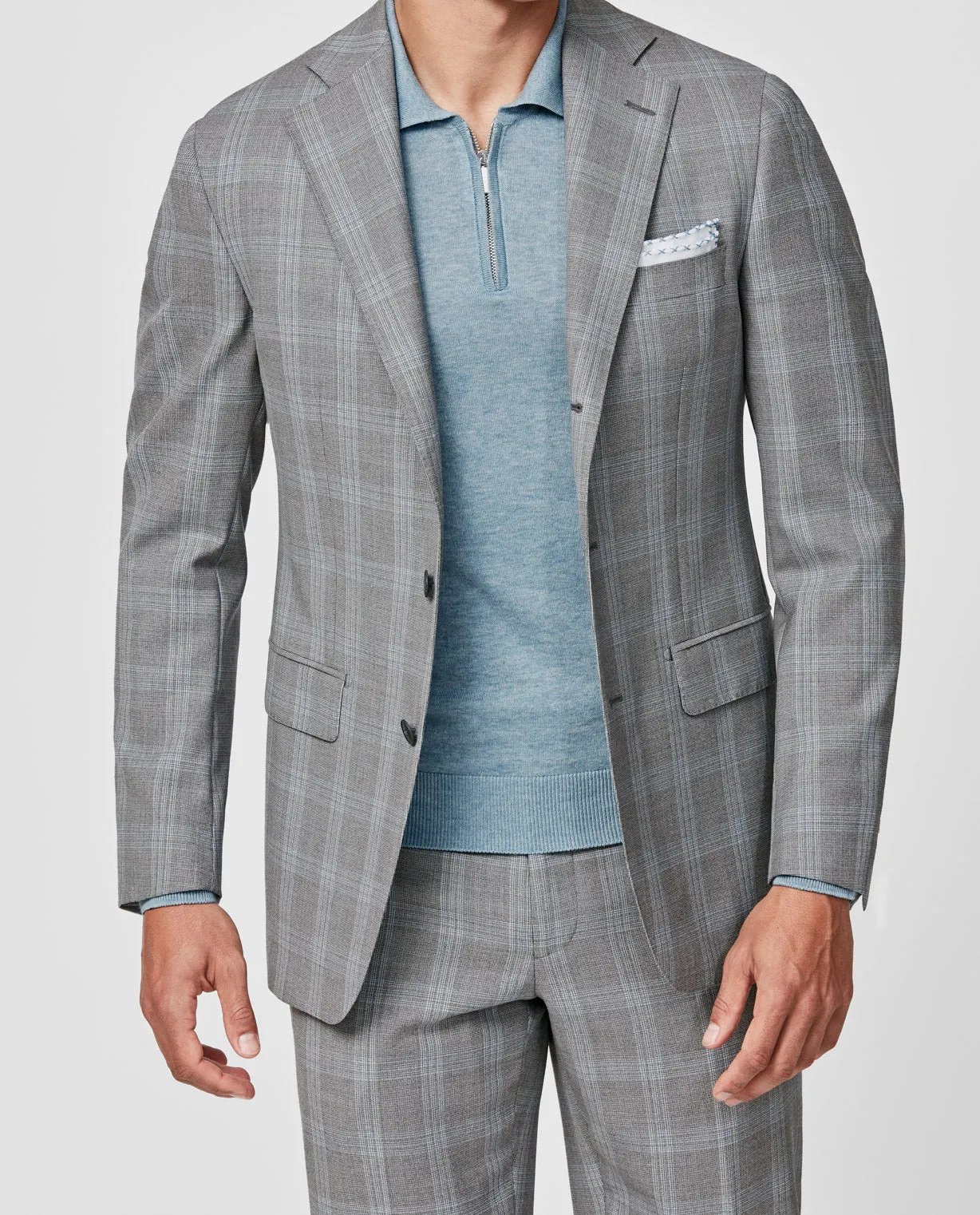 Drago Light Grey S130 Wool Basketweave with Light Blue Overcheck