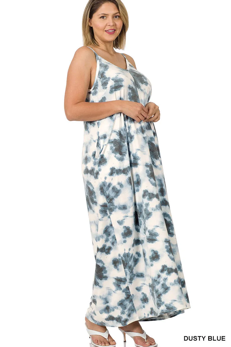 Dusty Blue Tie Dye Plus Size Cami Maxi Dress