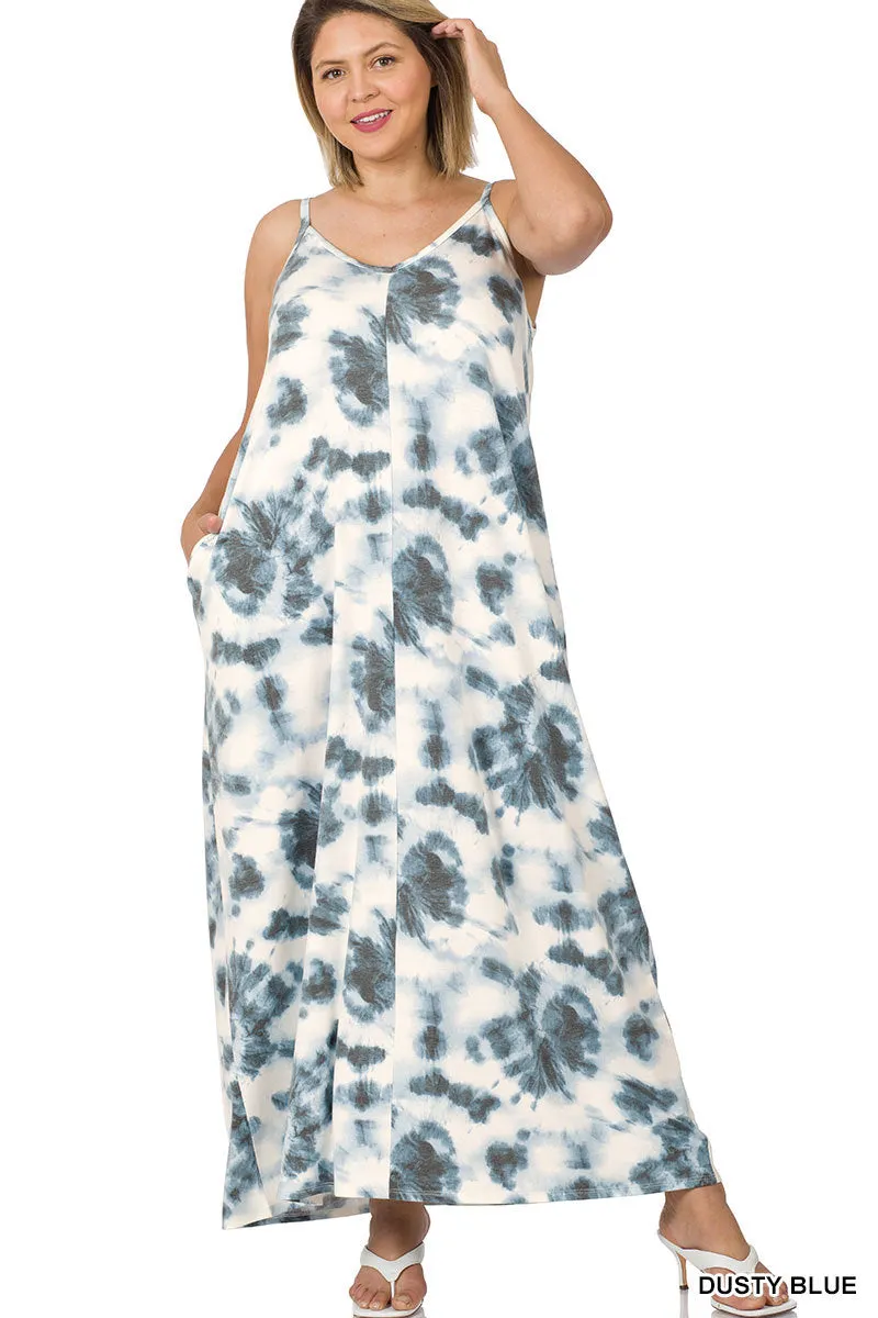 Dusty Blue Tie Dye Plus Size Cami Maxi Dress