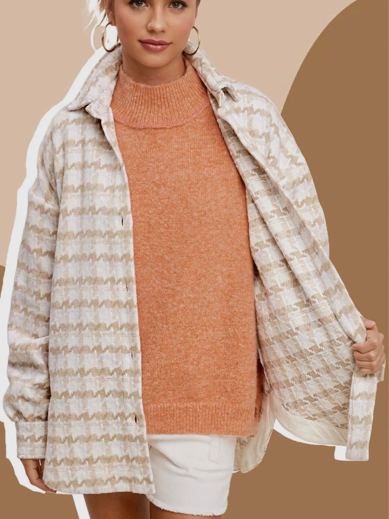 Effortless Houndstooth Shacket: Beige Mix
