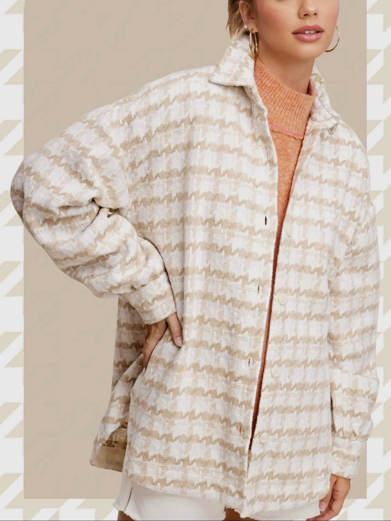 Effortless Houndstooth Shacket: Beige Mix